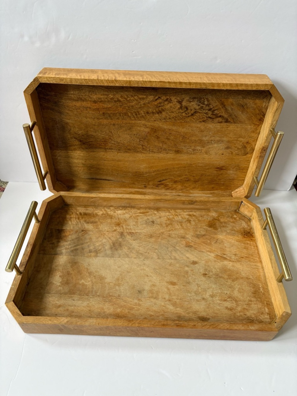 Lot of 2 West Elm deco wood and brass handle trays solid mango wood